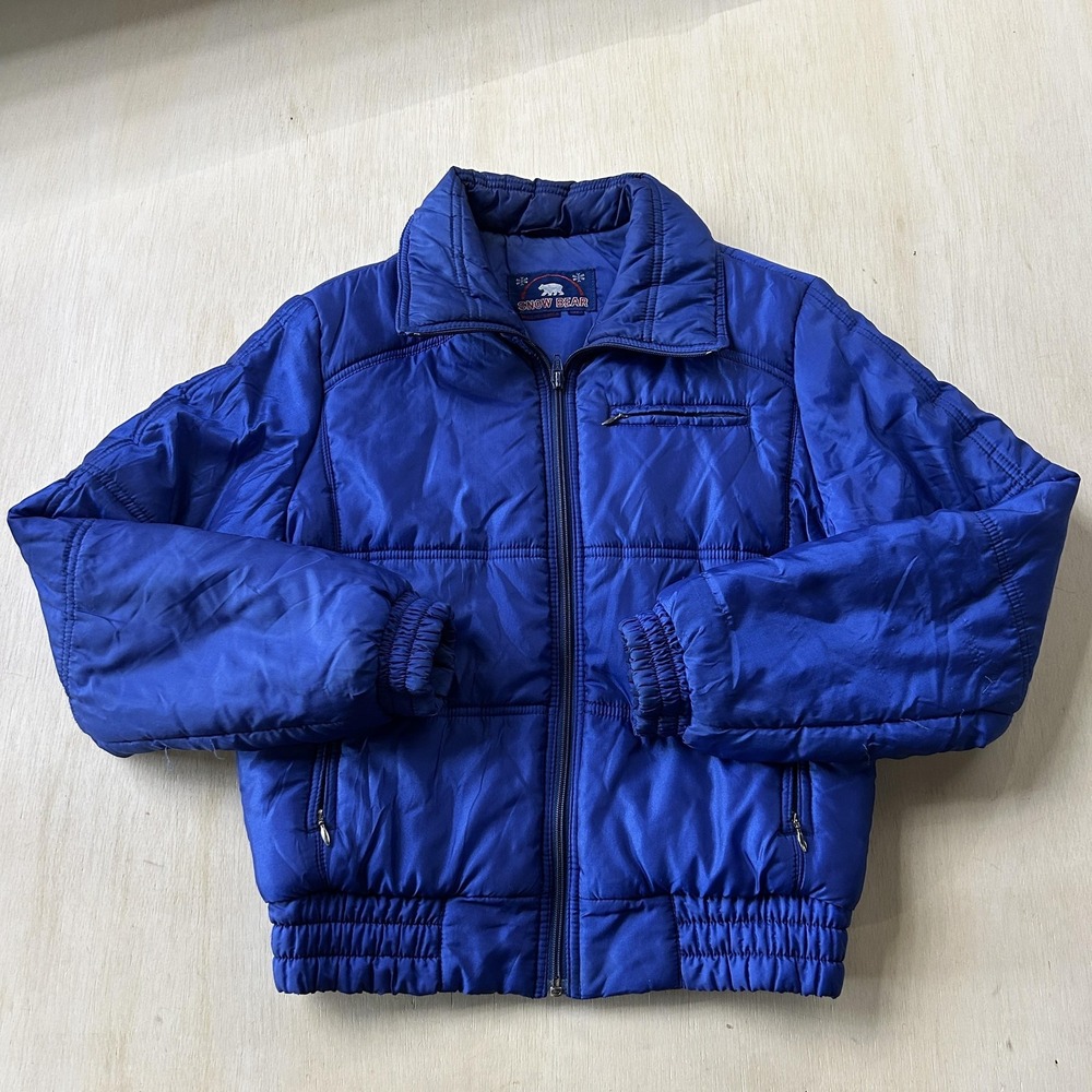 Vintage Snow Bear Jacket Kids Medium Blue Puffer Quilted Zip Warm Winter Coat
